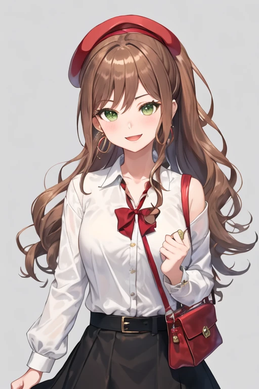 best quality, masterpiece, highres, solo, {imai_lisa_bangdream:1.15}, brown_hair, long_hair, bangs, smile, jewelry, green_eyes, earrings, blush, ponytail, sidelocks, 1girl, beret, hat, long_sleeves, looking_at_viewer, plaid, plaid_skirt, red_headwear, shirt, skirt, white_shirt, bag, grey_skirt, handbag, shoulder_bag, wavy_hair, grey_eyes, open_mouth, simple_background