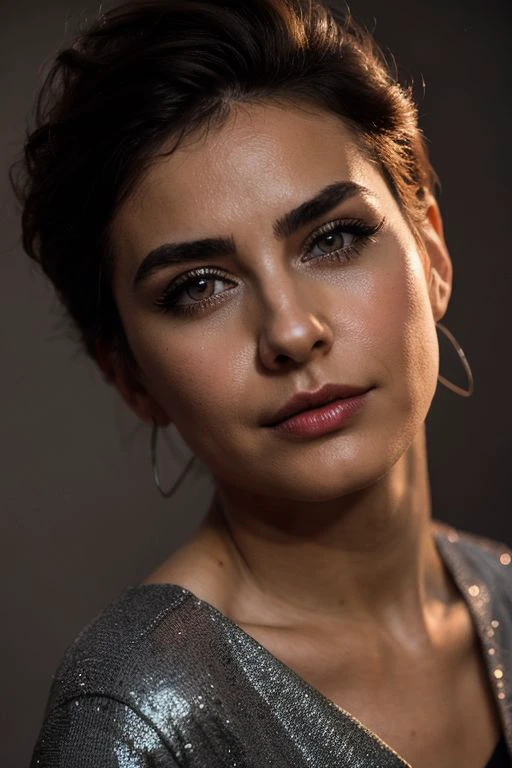 High fashion photography, portrait of italian woman, striking facial features, short hair, perfect eyes, crystal clear, seductive smile, wearing red blouse, dramatic lighting, volumetric lighting, dust on air, BREAK (((grey background))), grungy, shot on Fujifilm XT3, (((medium full shot))), female ((((pose))), ((fashion poses))