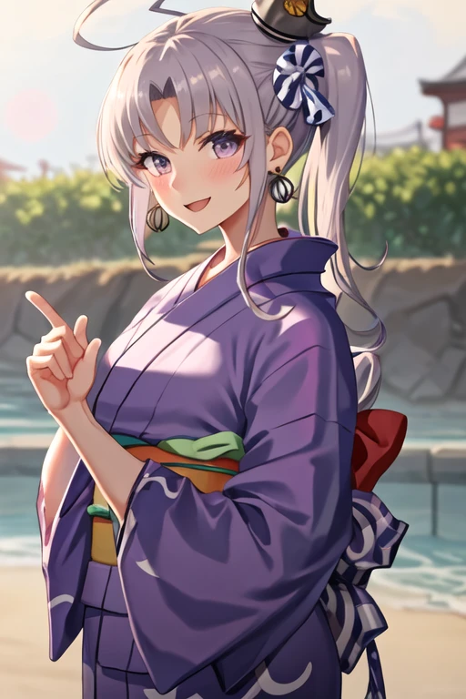 best quality, masterpiece, highres, solo, {yukata:1.40}, {kimono:1.20}, {akitsushima_kantaicollection:1.15}, long_hair, side_ponytail, purple_eyes, ahoge, grey_hair, hat, sidelocks, open_mouth, jewelry, purple_hair, earrings, breasts, blush, smile, ribbon, hair_ribbon, hair_ornament