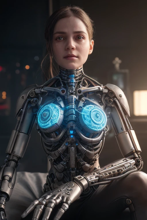 1mechanical girl,((ultra realistic details)), portrait, global illumination, shadows, octane render, 8k, ultra sharp,metal,intricate, ornaments detailed, cold colors, egypician detail, highly intricate details, realistic light, trending on cgsociety, glowing eyes, facing camera, neon details, machanical limbs,blood vessels connected to tubes,mechanical vertebra attaching to back,mechanical cervial attaching to neck,sitting,wires and cables connecting to head