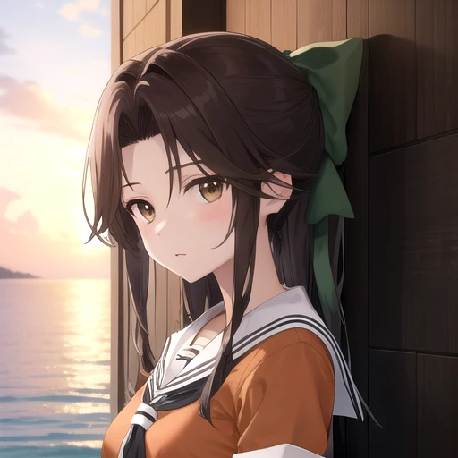 ((masterpiece)),(best quality),official art,extremely detailed CG,unity 8k wallpaper,ultra detailed,A lighthouse on a cliff by the sea,1girl,solo,upper body,(portrait:1.2),brown_hair,long_hair,orange shirt,school_uniform,brown_eyes,elbow_gloves,pleated_skirt,serafuku,hair_intakes,hair_bow,<lora:Jintsuu(kan)>,