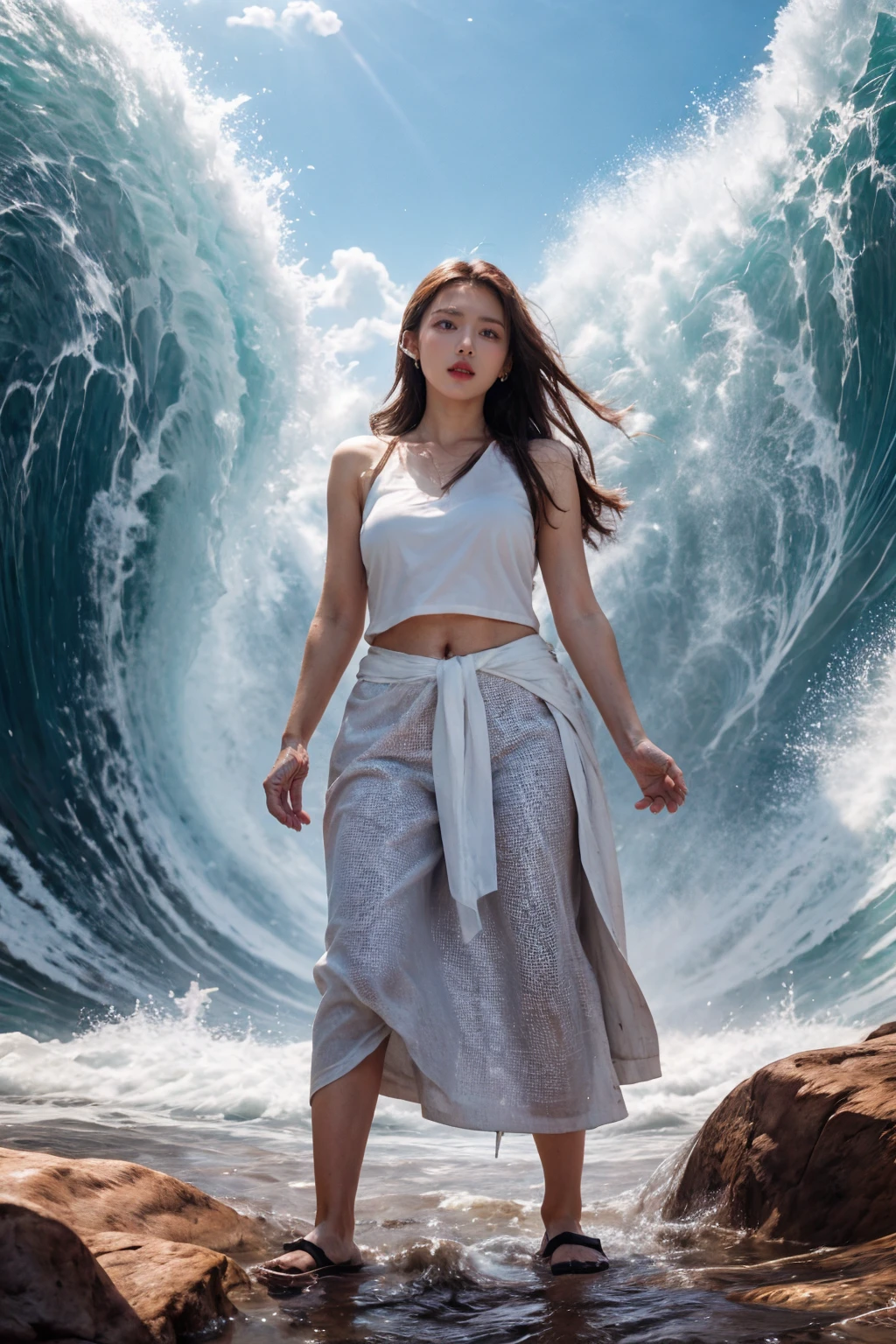 highres, 8k, absurdres, realistic, (facing viewer:1.5),
1girl, long hair, laced crop top,
(Sea_Split:1.55), sea split, waves, water, ocean,
<lora:Part_Sea-000025:0.65>