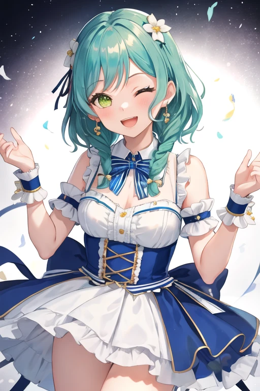 best quality, masterpiece, highres, solo, {hikawa_hina_bangdream:1.15}, aqua_hair, green_eyes, short_hair, smile, bow, braid, blush, hair_bow, side_braids, twin_braids, open_mouth, bangs, 1girl, flower, hair_flower, looking_at_viewer, blue_bow, bowtie, detached_collar, dress, hair_ornament, hair_ribbon, ribbon, ;d, frills, one_eye_closed, striped, upper_body, jewelry, striped_ribbon, white_background, wrist_cuffs