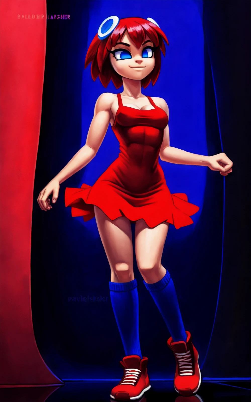 8k.4k,((Best quality, masterpiece, ultra high resolution)),((full body)),standing, by pixelsketcher:0.5,   <lora:Blinky:1.1>,dress, blue eyes,red hair, red dress, short hair,breasts,short dress,shoes,  red footwear, cleavage, sleeveless dress,socks,(blue socks),human,hair ornament,neon lights,solo,smile,blue panties,upskirt