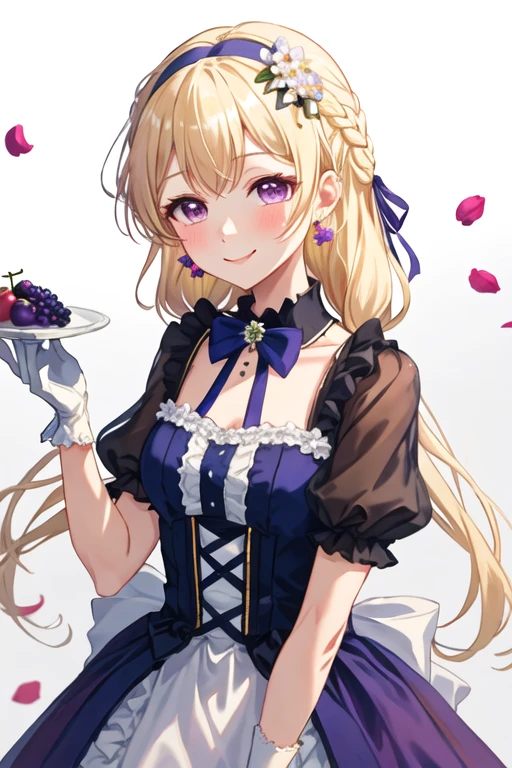 best quality, masterpiece, highres, solo, {shirasagi_chisato_bangdream:1.15}, blonde_hair, bangs, long_hair, purple_eyes, blush, smile, half_updo, ribbon, jewelry, 1girl, earrings, flower, fruit, hair_flower, hair_ornament, hair_ribbon, hairband, looking_at_viewer, braid, food, food-themed_hair_ornament, frills, gloves, ribbon_braid, alternate_hairstyle, white_gloves, dress, grapes, short_sleeves, twin_braids, upper_body, petals, striped, striped_ribbon, white_background, blue_ribbon, flower_earrings, white_flower