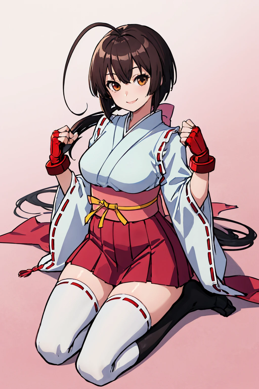 (masterpiece, best quality:1.2), solo, 1girl, musubi, smile, looking at viewer, seiza, ahoge, ponytail, japanese clothes, fingerless gloves, skirt, white thighhighs <lora:sekirei_musubi-10:1>