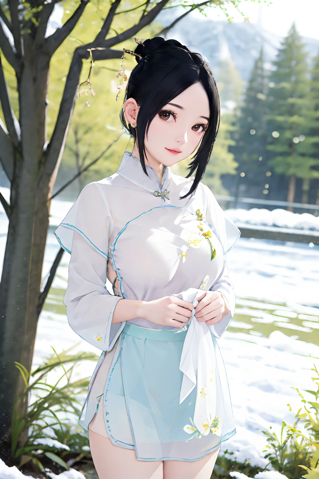 1girl,solo,breasts,looking at viewer,black hair,hair ornament,jewelry,earrings,hair bun,see-through,outdoors,upper_body,<lora:lbc_see_qipao_dudou:0.7>,masterpiece,highres,corridor lighting,((breeze)),flying splashes,flying petals,wind,
BREAK
((detailed beautiful snow forest with trees)),((snowflakes)),floating,