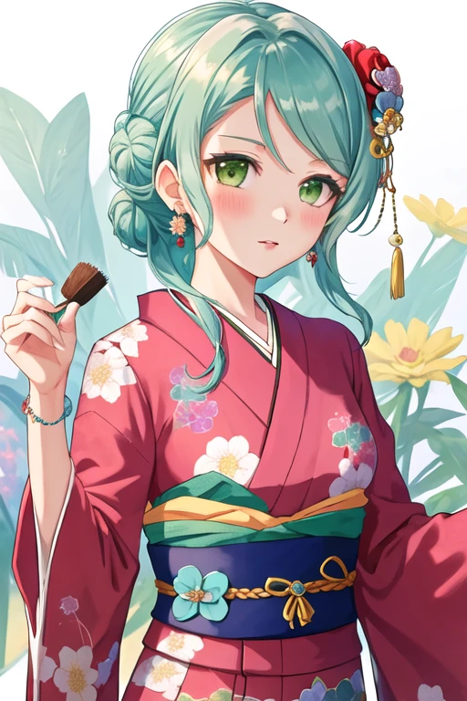 best quality, masterpiece, highres, solo, {hikawa_sayo_bangdream:1.15}, green_eyes, aqua_hair, long_hair, bangs, blush, jewelry, 1girl, alternate_hairstyle, japanese_clothes, kimono, looking_at_viewer, short_hair, upper_body, floral_print, hair_up, flower, hair_bun, hair_flower, hair_ornament, holding, long_sleeves, obi, sash, wide_sleeves, yellow_flower