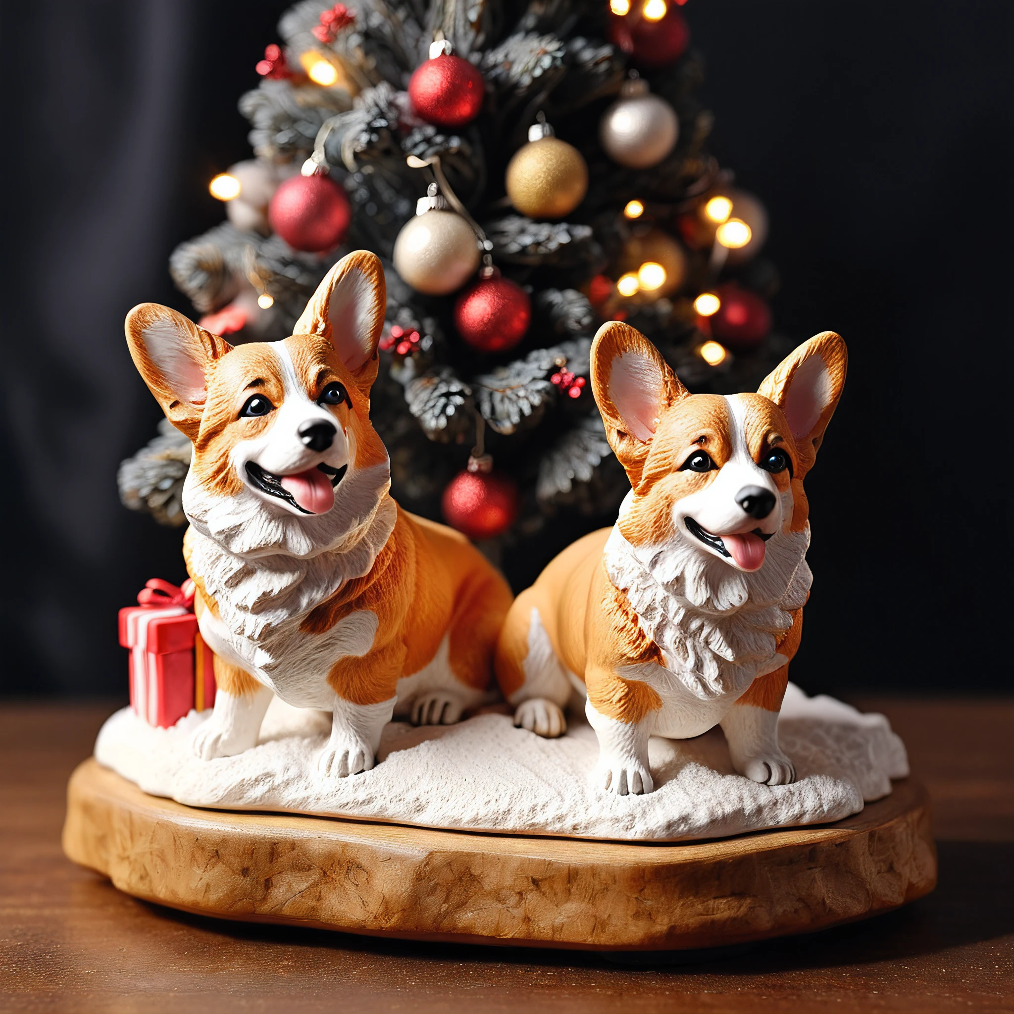 <lora:M1n14tur3_XL-000002:0.9>,photo of (M1n14tur3:1.1) ceramic sculpture of a Christmas scene featuring a pair of Corgi dogs,snow gently falling on its soft,curly fur as it sits next to a sparkling tree adorned with bright,colorful ornaments,presents wrapped in festive paper scattered around its base,warm glow of string lights,photo realistic,ornate,studio photograph,sitting on a wooden counter with a black cloth background,bokeh,tilt shift,super detailed,intricate,dramatic,shadows,beautiful,insane details,hyperdetailed,8k wallpaper,uhd,hdr,high contrast,