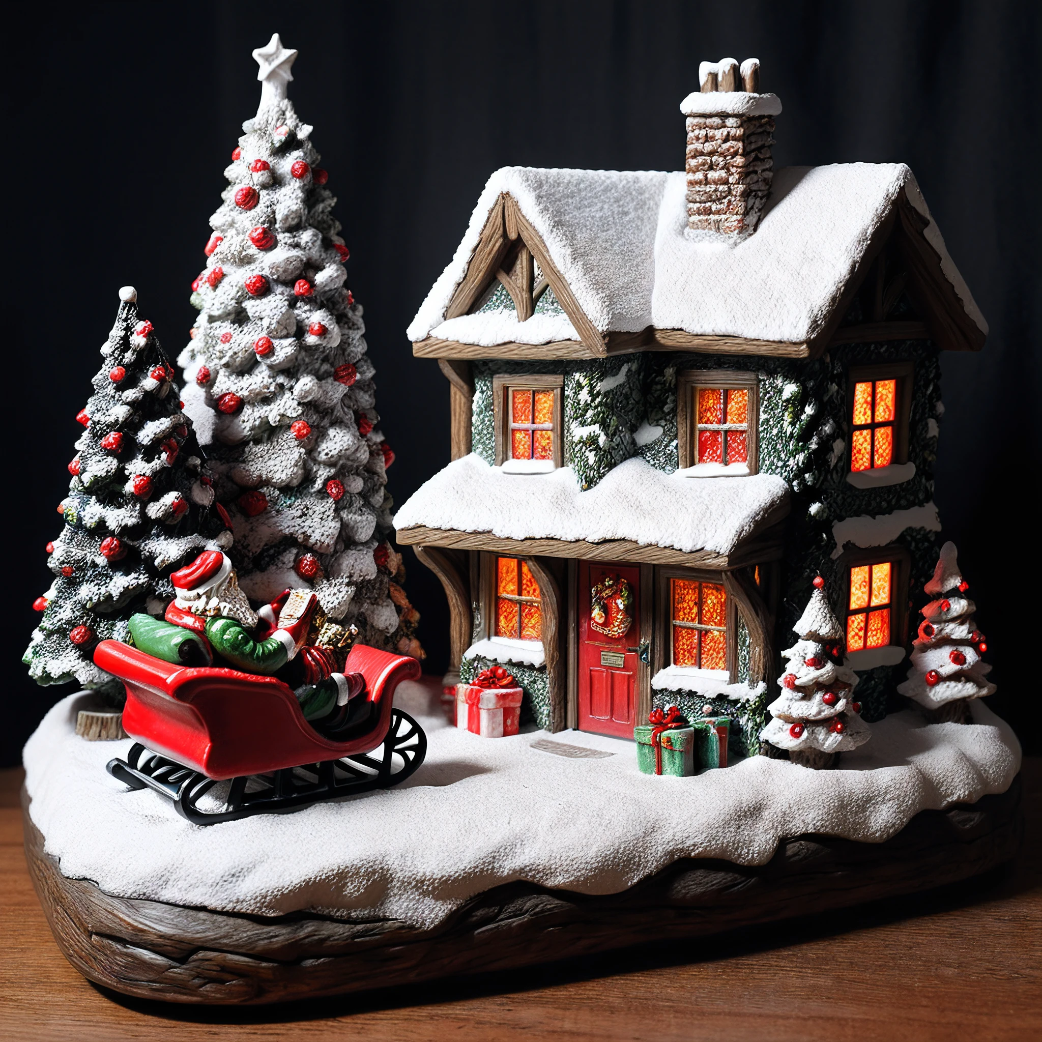 <lora:M1n14tur3_XL-000002:0.9>,photo of (M1n14tur3:1.1) ceramic sculpture of Santa's Workshop,snow covered,christmas trees with lights,red sleigh with presents,elves making snowman,with the North Pole marker in the background,landscape architecture render,photo realistic,ornate,studio photograph,sitting on a wooden counter with a black cloth background,bokeh,tilt shift,super detailed,intricate,dramatic,shadows,beautiful,insane details,hyperdetailed,8k wallpaper,uhd,hdr,high contrast,