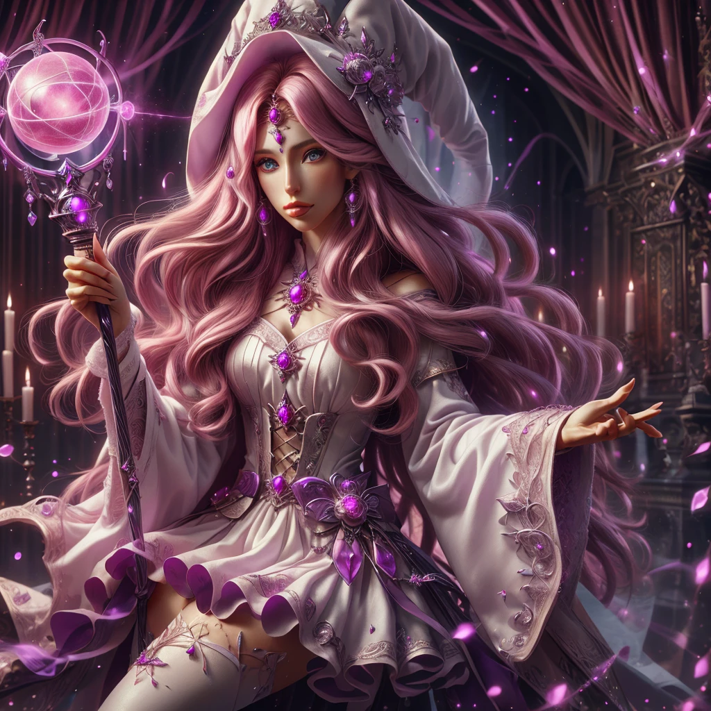 a detailed and realistic image of a beautiful woman, pink long hair, beautiful eyes, wielding 1 purple orbstaff, HD, masterpiece, best quality, hyper detailed, ultra detailed, realistic