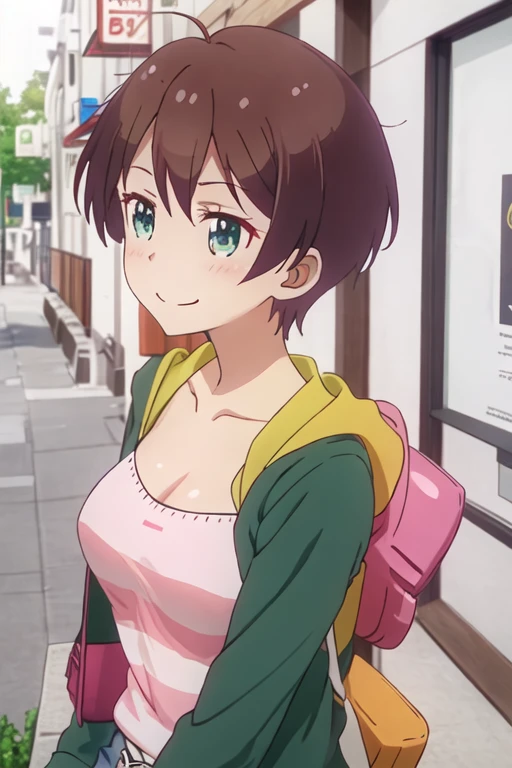 best quality, masterpiece, highres, solo, {shinoda_hajime_newgame:1.15}, brown_hair, short_hair, green_eyes, blush, collarbone, smile