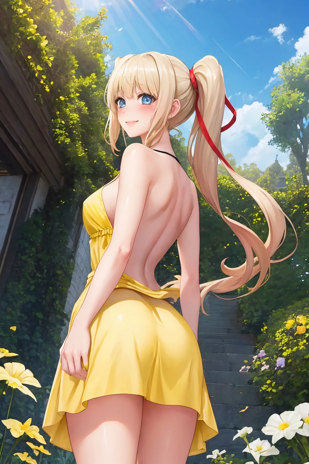 masterpiece, best quality, 1girl, solo, <lora:limalisha-vanadis-richy-v1:1> limalisha, side ponytail, hair ribbon, from behind, (yellow sundress:1.3), blue eyes, sunlight, sunbeam, from below, looking back, smile, blush, garden, outdoors, fantasy, beautiful, picturesque, ass, back, backless outfit,