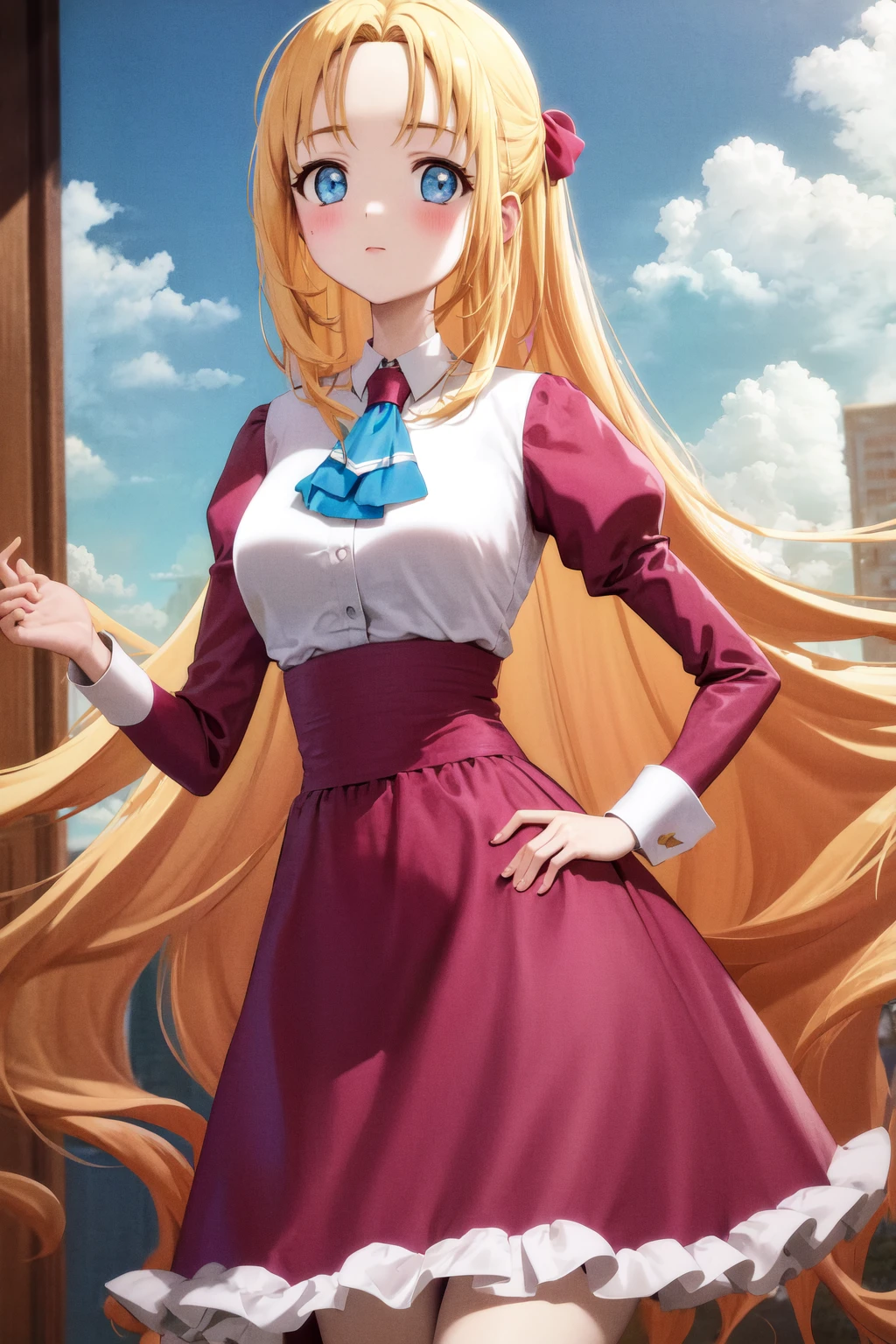masterpiece, best quality, highres, 1girl, pink dress long sleeves blue ascot frills <lora:gekai_elise:1> hand on hip