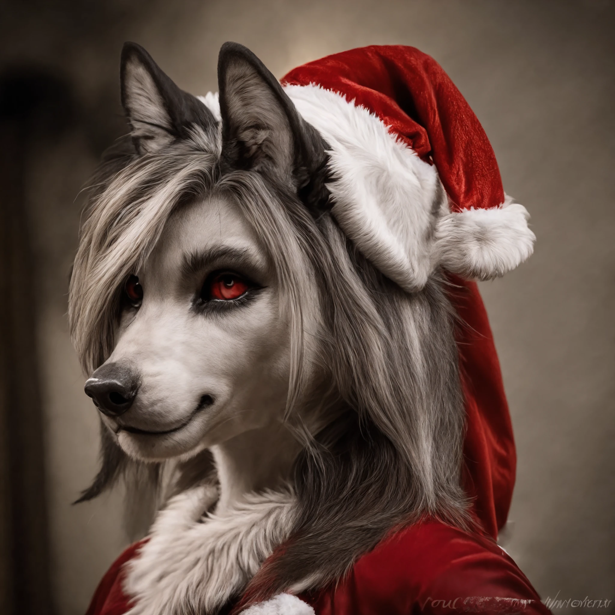 close-up, detailed face, furry anthro female, hellhound, Loona_\(Helluva Boss\), (Santa costume:1.2), red eyes with red sclera, mischievous smirk, sharp fangs visible, intricate fur patterns on the face and ears, masterfully crafted expression of mischief and charm, detailed background, Loona, female furry, smiling, multicolored fur, 
masterpiece, detailed fur, realistic fur, Loona ears, fluffy tail, 
full body, detailed skin, detailed face and eyes, higher body and limbs detail, realistic proportions, 
detailed lighting, cinematic lighting, detailed ambient light, gray natural lighting, backlighting, crepuscular ray, 
half body shadow, sharp focus