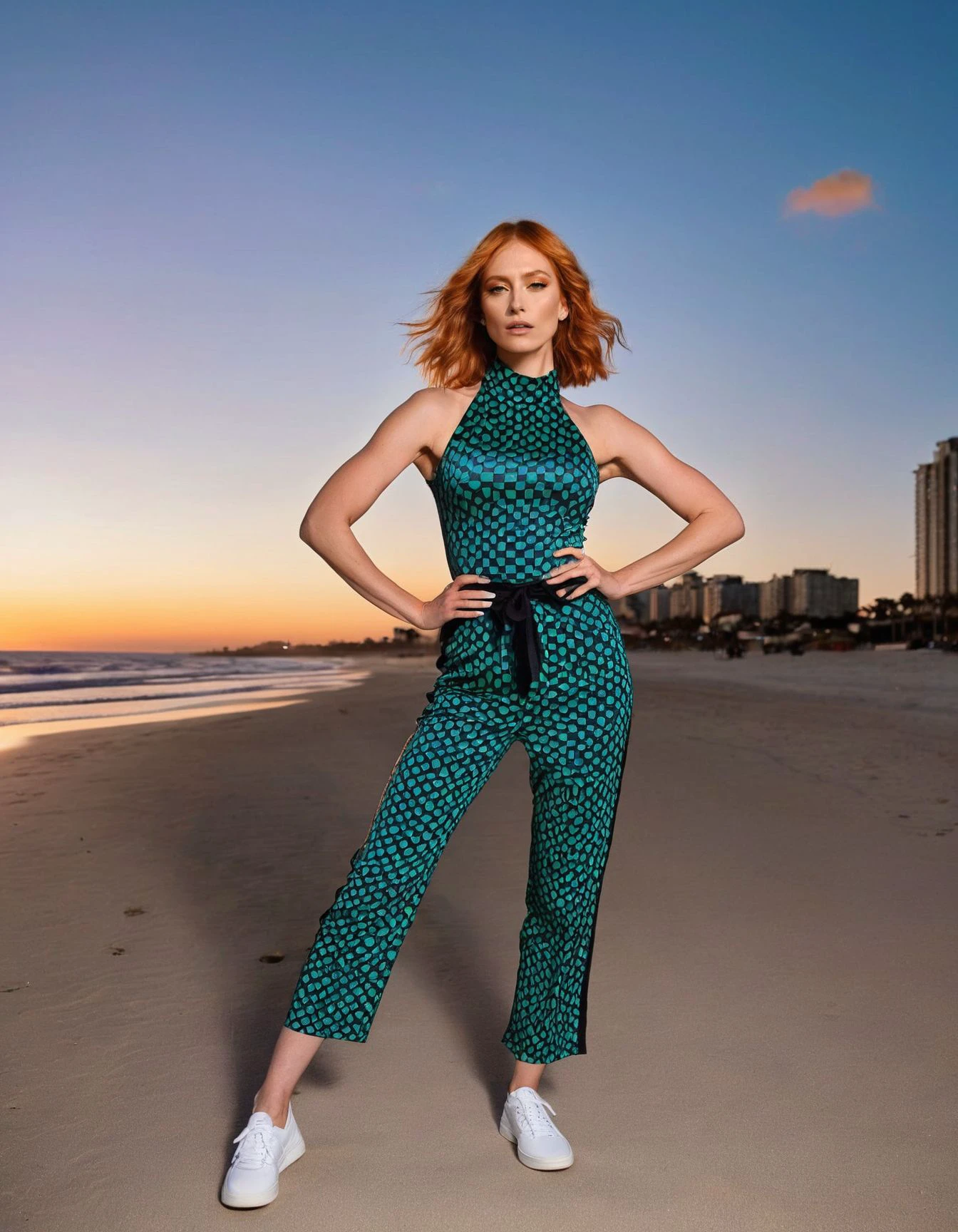 <lora:DollyDyson_SDXL_v1.2:1>
beauty photo of a ohwx perfect capture of a vibrant and energetic full-body portrait of a redhead wearing a high-necked jumpsuit with a fitted bodice and wide-leg pants, posing against a backdrop of a lively, urban beach at sunset. The woman should be positioned in a dynamic, playful pose, as if she is dancing on the beach. Phase One XF IQ4 150MP camera with a 35mm lens, f/1.4 aperture, 1/250s shutter speed, and ISO 100. Incorporate a hyperrealistic digital rendering effect in the style of Takashi Murakami, adding bright, geometric colors and exaggerated, style of Annie Leibovitz, chiaroscuro