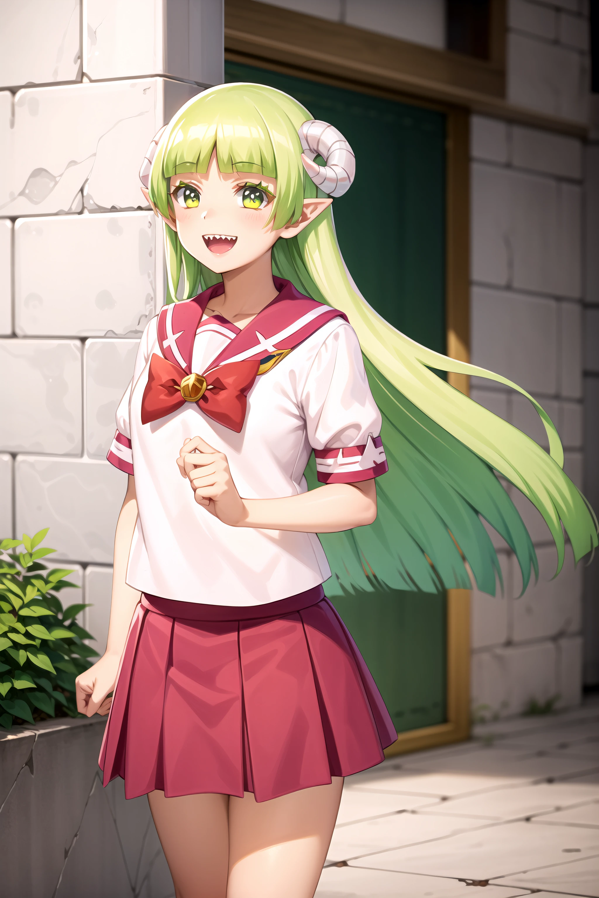 best quality, masterpiece, detailed,
<lora:MairimashitaIrumaKun_ValacClara:0.8>, valac clara,
smile, open mouth, sharp teeth,
green hair, long hair, green eyes, horns, pointy ears,
school uniform, serafuku, pink skirt,
standing, medieval, looking at the viewer,
outdoors