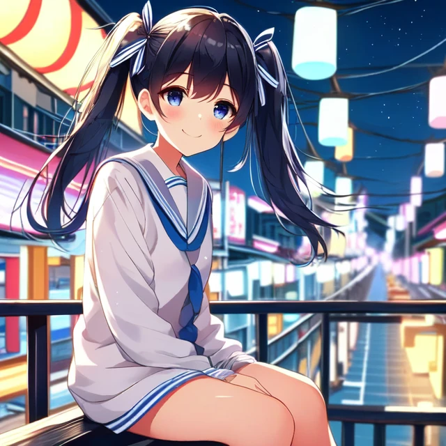 solo,  1girl,  14yo,  (((sitting on railings))),  outdoor corridor,  second floor,  twintail,  white uniform,  wind,  smile,  taiwan,  night,  starry sky,  (((busy street in nightmarket))),<lora:EMS-211125-EMS:1.000000>