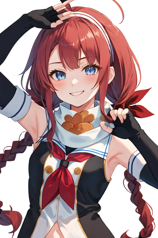 best quality, masterpiece, highres, solo, {kawakaze_kantaicollection:1.15}, long_hair, red_hair, ribbon, hairband, hair_ribbon, bangs, ahoge, twintails, sidelocks, low_twintails, asymmetrical_bangs, very_long_hair, smile, blue_eyes, serafuku, sleeveless, hair_flaps, 1girl, black_gloves, braid, elbow_gloves, gloves, looking_at_viewer, scarf, school_uniform, twin_braids, upper_body, white_background, white_scarf, black_serafuku, neckerchief, red_neckerchief, simple_background, sleeveless_shirt, fingerless_gloves, one-hour_drawing_challenge, yellow_eyes