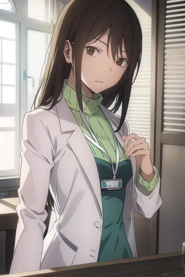 namieyagiri, <lora:namie yagiri s1-lora-nochekaiser:1>,
namie yagiri, long hair, black hair, (brown eyes:1.3),
BREAK sweater, turtleneck, labcoat, green sweater,
BREAK indoors, office,
BREAK looking at viewer, (cowboy shot:1.5),
BREAK <lyco:GoodHands-beta2:1>, (masterpiece:1.2), best quality, high resolution, unity 8k wallpaper, (illustration:0.8), (beautiful detailed eyes:1.6), extremely detailed face, perfect lighting, extremely detailed CG, (perfect hands, perfect anatomy),