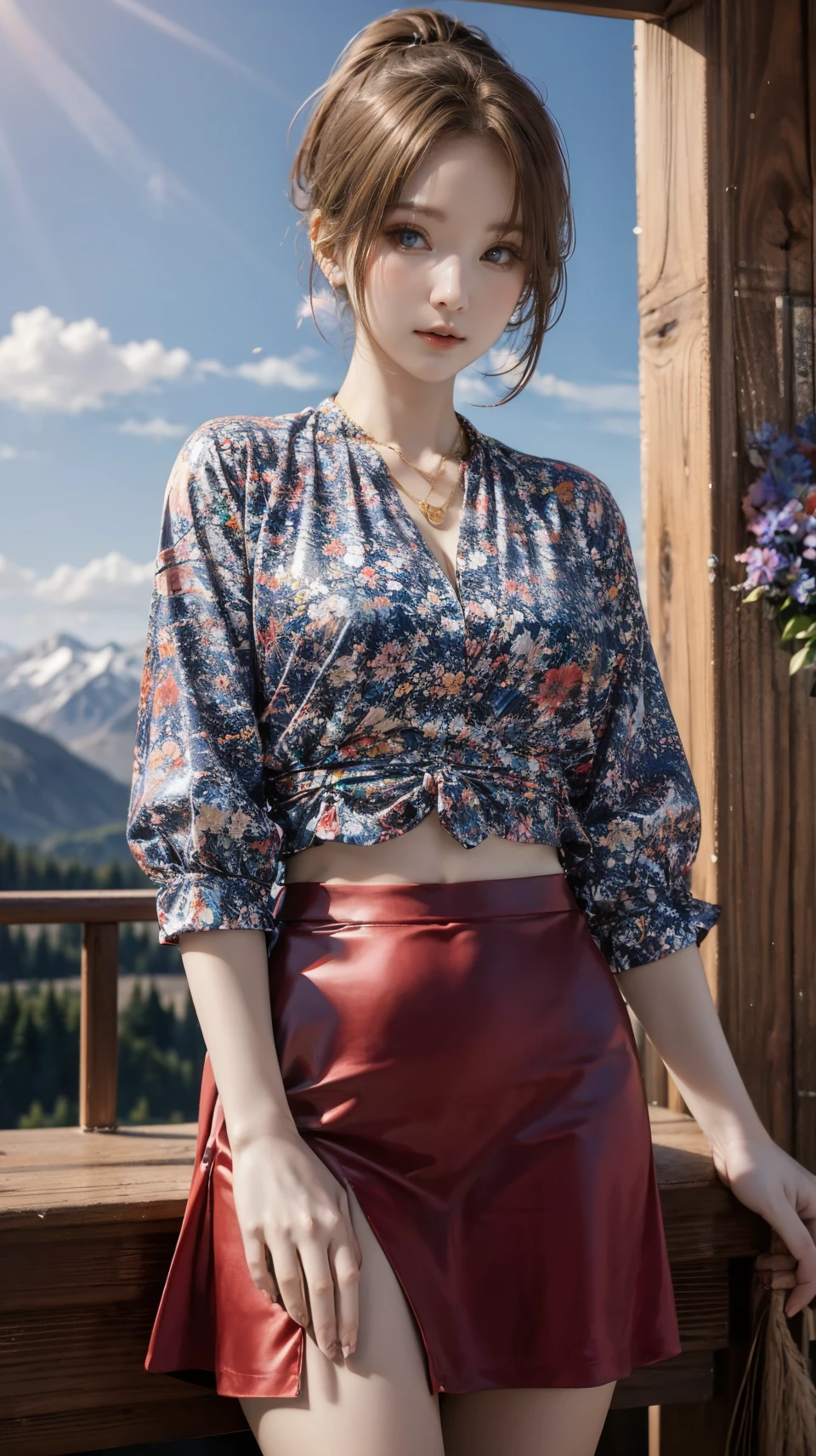 best quality,HDR,UHD,8K,Vivid Colors,solo,front view,photo_(medium),(1girl:1.3),(looking at viewer:1.4),ponytail,
<lora:add_detail:0.5>,standing,outside,sky,mountain,flower,<lora:rc10:0.75>,rc,side cutout,red skirt,