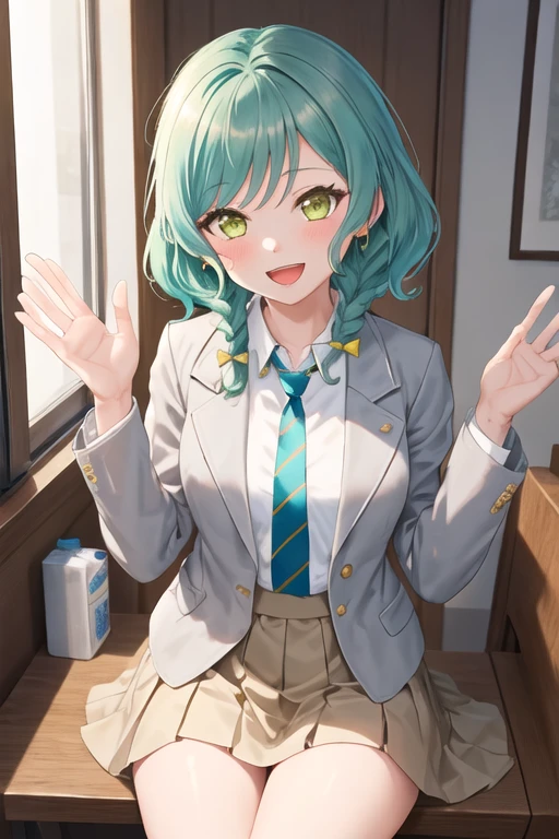 best quality, masterpiece, highres, solo, {hikawa_hina_bangdream:1.15}, aqua_hair, green_eyes, short_hair, smile, bow, braid, blush, hair_bow, side_braids, twin_braids, open_mouth, bangs, 1girl, looking_at_viewer, shirt, yellow_bow, white_shirt, jacket, upper_body, collared_shirt, necktie, school_uniform, grey_jacket, blazer, :d, striped, striped_necktie, long_sleeves, brown_necktie