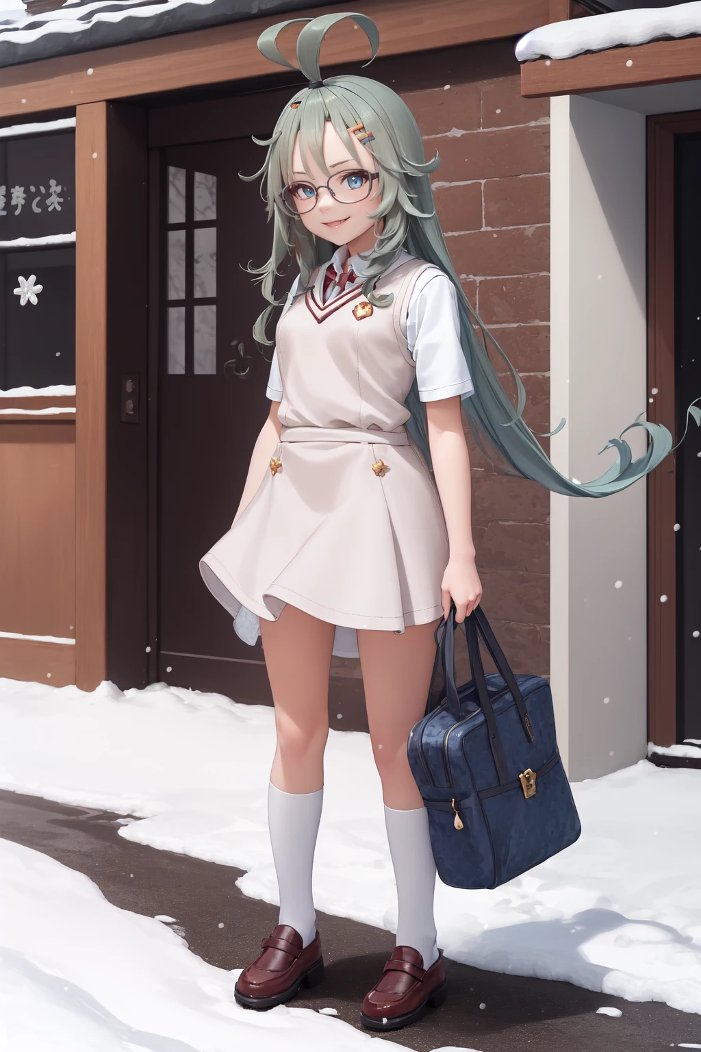 (masterpiece:1.3), (absurdres:1.3), (best quality:1.3), 1girl, looking at viewer, smile, outdoors, snow, full body, <lora:merufi-000005:1>, merufi, glasses, long ahoge, blue eyes, bangs pinned back, <lora:tokiwadai_school_uniform:1>, tokiwadai school uniform, sleeveless,