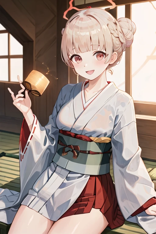 best quality, masterpiece, highres, solo, {white kimono:1.35}, {red hakama:1.35}, {wide sleeves:1.20}, {nodoka_bluearchive:1.15}, halo, red_eyes, blush, bangs, hair_bun, blonde_hair, open_mouth, smile, single_hair_bun, long_hair, breasts