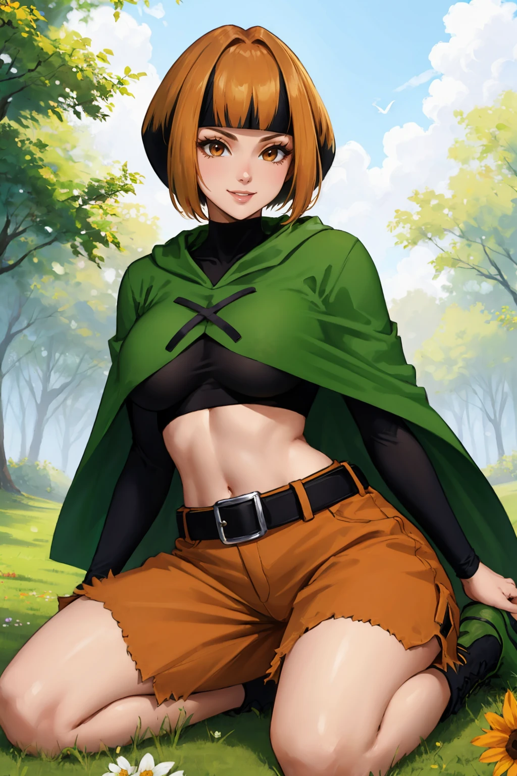 masterpiece, best quality, <lora:gardenia-nvwls-v1-000008:1> natane, multicolored hair, green capelet, black shirt, long sleeves, midriff, belt, orange shorts, large breasts, seiza, flower patch, green boots, smile
