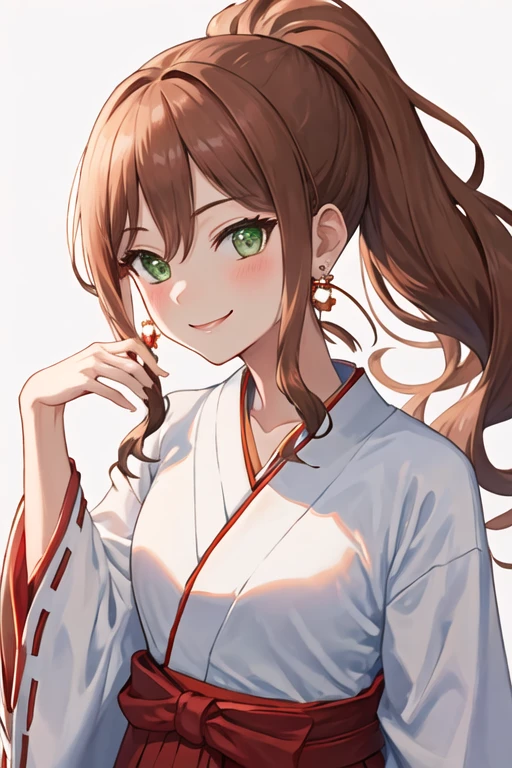 best quality, masterpiece, highres, solo, {white kimono:1.35}, {red hakama:1.35}, {wide sleeves:1.20}, {imai_lisa_bangdream:1.15}, brown_hair, long_hair, bangs, smile, jewelry, green_eyes, earrings, blush, ponytail, sidelocks