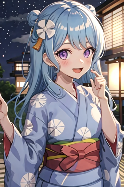 best quality, masterpiece, highres, solo, {yukata:1.40}, {kimono:1.20}, {matsubara_kanon_bangdream:1.15}, blue_hair, purple_eyes, bangs, long_hair, blush, smile, ribbon, hair_ornament, light_blue_hair, open_mouth, one_side_up, hair_ribbon, hair_flower