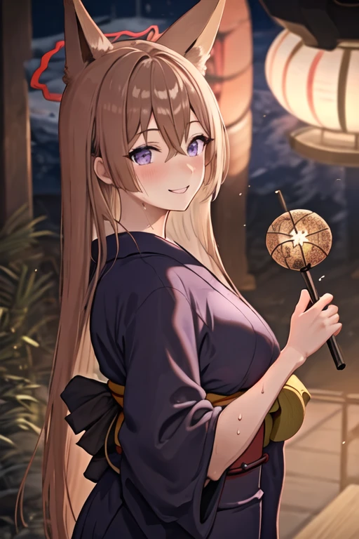 best quality, masterpiece, highres, solo, {yukata:1.40}, {kimono:1.20}, {rumi_bluearchive:1.15}, animal_ears, long_hair, bangs, blush, purple_eyes, hair_between_eyes, brown_hair, halo, breasts, fox_ears, smile, large_breasts, sweat