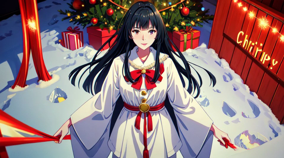 best quality, one girl, mature, standing, snow, christmas tree, <lora:add_detail:0.5> , masterpiece,top down view, <lora:Glassv1.1:0.6>, red and white christmas dress, looking at viewer, long hair