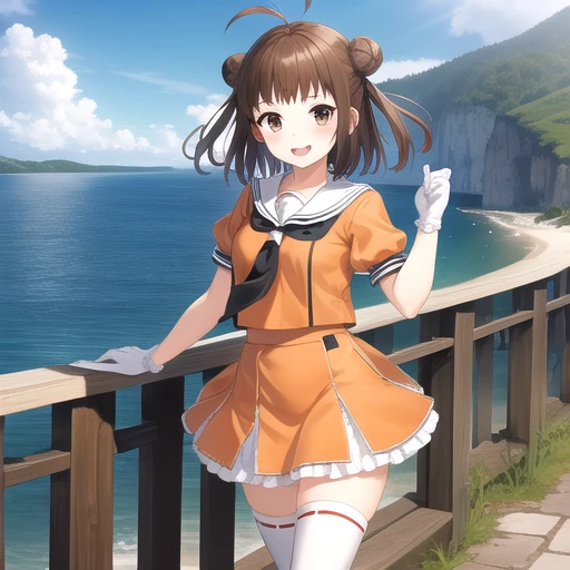 ((masterpiece)),(best quality),official art,extremely detailed CG,unity 8k wallpaper,ultra detailed,A lighthouse on a cliff by the sea,1girl,solo,cowboy shot,hair_bun,double_bun,antenna_hair,orange shirt,brown_hair,smile,brown_eyes,white_thighhighs,school_uniform,white_gloves,short_hair,serafuku,frilled_skirt,short_sleeves,idol,frills,zettai_ryouiki,boots,white sleeves,puffy_sleeves,<lora:Naka(kan)>,