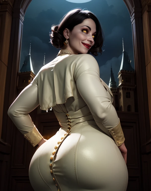 Alcina,yellow eyes,black hair,short hair,
white dress,single earring,from from behind,ass,looking back,smile,
upper body,standing,curvy,from below,
castle,indoors,night,
looking at viewer,smile,
(insanely detailed, beautiful detailed face, beautiful detailed eyes, masterpiece, best quality),solo,<lora:AlcinaDimitrescu-12:0.8>,
