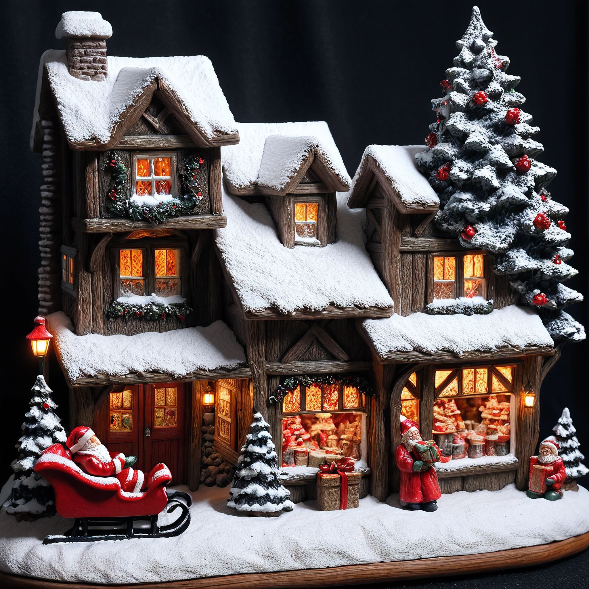<lora:M1n14tur3_XL-000002:0.9>,photo of (M1n14tur3:1.1) ceramic sculpture of Santa's Workshop,snow covered,christmas trees with lights,red sleigh with presents,elves making snowman,with the North Pole marker in the background,landscape architecture render,photo realistic,ornate,studio photograph,sitting on a wooden counter with a black cloth background,bokeh,tilt shift,super detailed,intricate,dramatic,shadows,beautiful,insane details,hyperdetailed,8k wallpaper,uhd,hdr,high contrast,