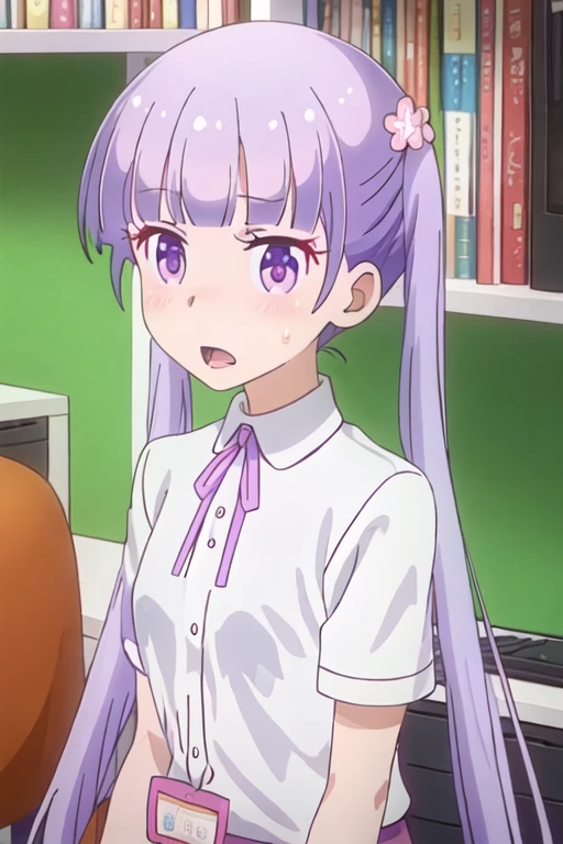 best quality, masterpiece, highres, solo, {suzukaze_aoba_newgame:1.15}, purple_hair, long_hair, twintails, purple_eyes, hair_ornament, flower, hair_flower, blush, ribbon, bangs, neck_ribbon, 1girl, formal, open_mouth, pink_ribbon, suit, upper_body, sweatdrop, blunt_bangs, shirt