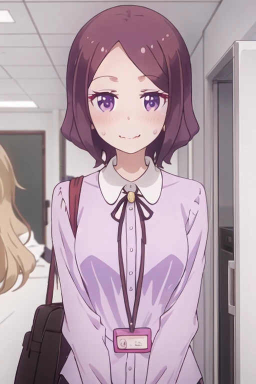 best quality, masterpiece, highres, solo, {tooyama_rin_newgame:1.15}, short_hair, brown_hair, purple_eyes, blush, purple_hair, smile, 1girl, closed_mouth, multiple_girls, shirt, 2girls, collared_shirt, white_shirt, blonde_hair, indoors, sweat, wavy_mouth