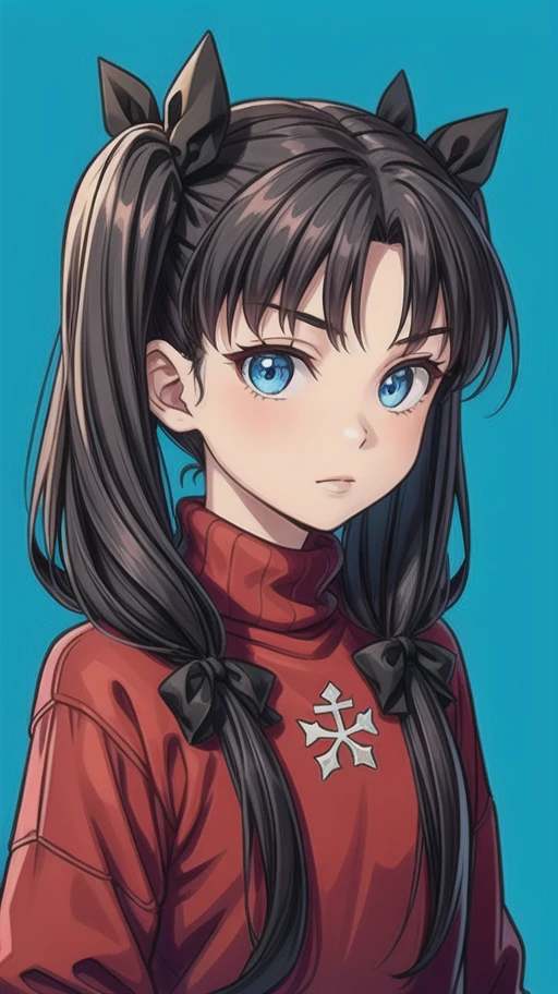 1girl, tohsaka rin, solo, long hair, sweater, red sweater, looking at viewer, blue background, black hair, simple background, two side up, turtleneck, blue eyes, lips, closed mouth, ribbon, hair ribbon, bangs, turtleneck sweater, upper body, parted bangs, black ribbon, ribbed sweater, twintails, nose,, <lora:add_detail:.6>