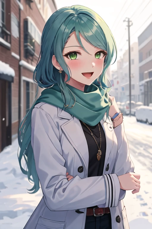 best quality, masterpiece, highres, solo, {hikawa_sayo_bangdream:1.15}, green_eyes, aqua_hair, long_hair, bangs, blush, jewelry, 1girl, :d, looking_at_viewer, open_mouth, scarf, smile, upper_body, blurry, coat, blue_scarf, blurry_background, breath, snowing