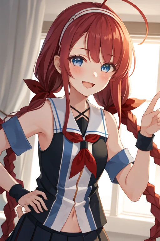 best quality, masterpiece, highres, solo, {kawakaze_kantaicollection:1.15}, long_hair, red_hair, ribbon, hairband, hair_ribbon, bangs, ahoge, twintails, sidelocks, low_twintails, asymmetrical_bangs, very_long_hair, smile, blue_eyes, serafuku, sleeveless, hair_flaps, 1girl, employee_uniform, looking_at_viewer, shirt, striped, striped_shirt, uniform, vertical-striped_shirt, alternate_costume, vertical_stripes, braid, open_mouth, twin_braids, yellow_eyes, collared_shirt, skirt, upper_body
