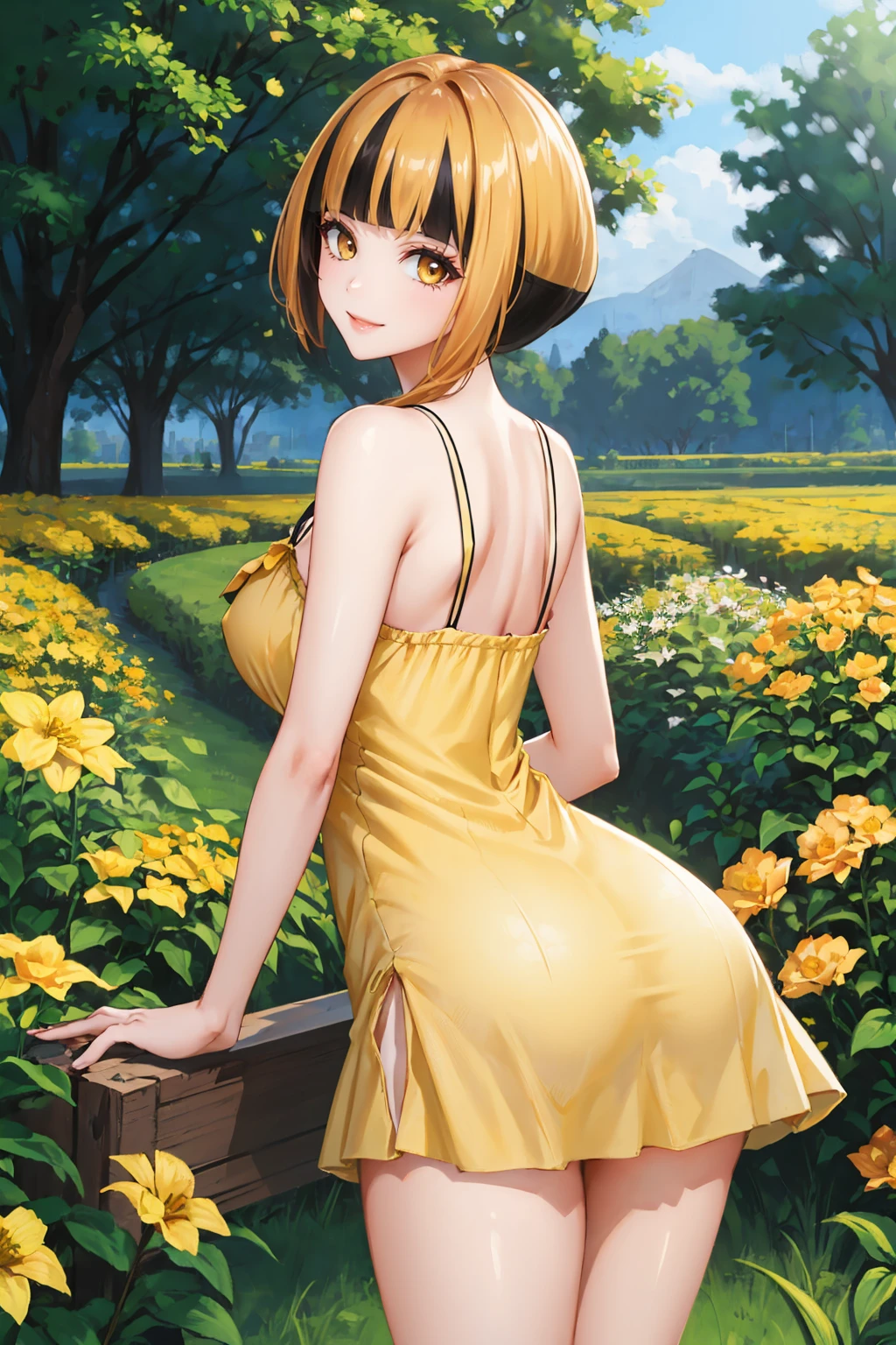 masterpiece, best quality, <lora:gardenia-nvwls-v1-000008:1> natane, multicolored hair, (yellow sundress:1.3), garden, yellow flowers, looking at viewer, large breasts, from behind, smile