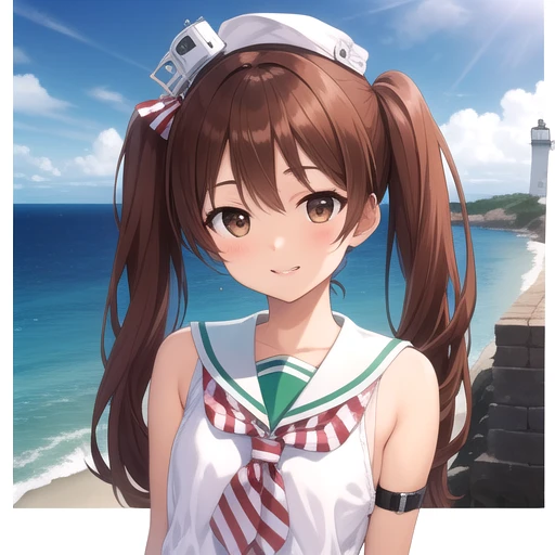 ((masterpiece)),(best quality),official art,extremely detailed CG,unity 8k wallpaper,ultra detailed,A lighthouse on a cliff by the sea,1girl,solo,upper body,(portrait:1.2),twintails,dark_skin,tan,brown_hair,long_hair,sailor_dress,smile,brown_eyes,sleeveless,hat,striped,looking_at_viewer,high heels,thigh strap,<lora:Libeccio(kan)>,