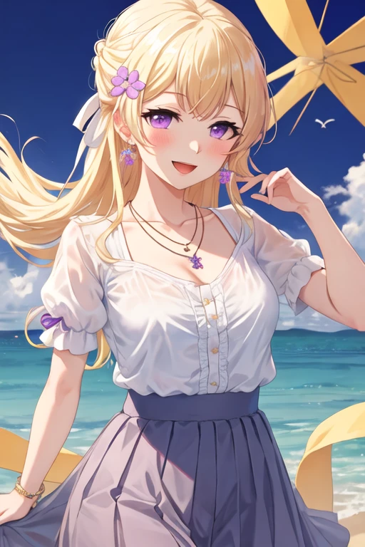 best quality, masterpiece, highres, solo, {shirasagi_chisato_bangdream:1.15}, blonde_hair, bangs, long_hair, purple_eyes, blush, smile, half_updo, ribbon, jewelry, 1girl, :d, looking_at_viewer, necklace, open_mouth, shirt, white_shirt, flower, upper_body, collarbone, short_sleeves