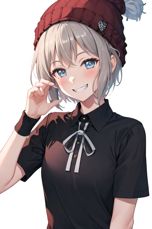 best quality, masterpiece, highres, solo, {aoba_moca_bangdream:1.15}, short_hair, grey_hair, bangs, blush, smile, blue_eyes, 1girl, beanie, hat, looking_at_viewer, shirt, simple_background, collared_shirt, upper_body, white_background, grin, hand_up, long_sleeves, black_shirt, blue_headwear