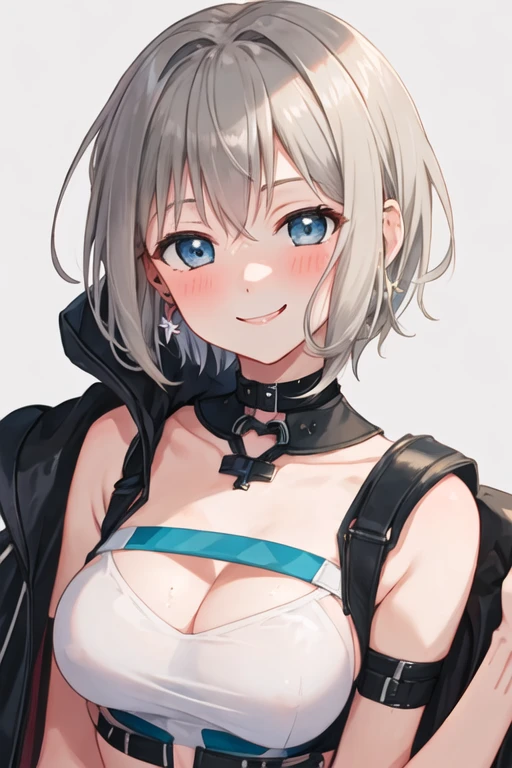 best quality, masterpiece, highres, solo, {aoba_moca_bangdream:1.15}, short_hair, grey_hair, bangs, blush, smile, blue_eyes