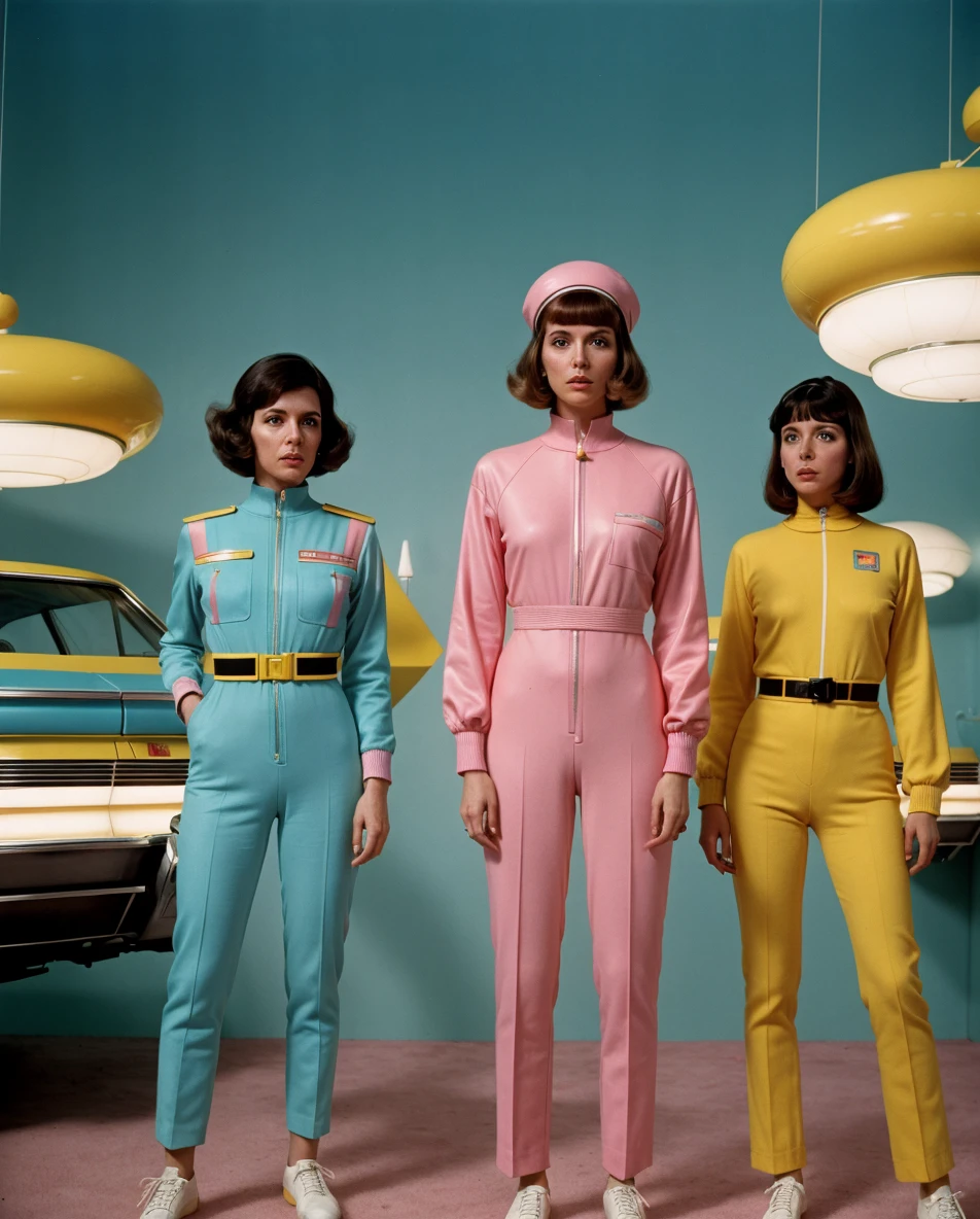 4k image from a 1970s science fiction film, imagem real, Estilo Wes Anderson, pastels colors, a man between two women wearing retro-futuristic fashion clothes and futuristic technological ornaments and devices, Luz Natural, cinemactic, Psicodelia, futurista estranho, retro-futurista,