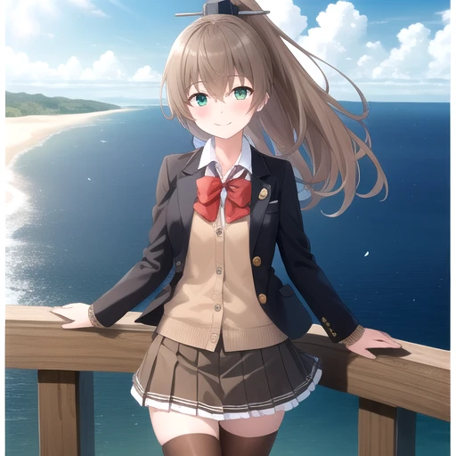 ((masterpiece)),(best quality),official art,extremely detailed CG,unity 8k wallpaper,ultra detailed,A lighthouse on a cliff by the sea,1girl,solo,cowboy shot,long_hair,brown_thighhighs,brown_hair,pleated_skirt,red_bow,white_shirt,frilled_skirt,brown_jacket,looking_at_viewer,long_sleeves,open_clothes,brown_skirt,collared_shirt,smile,red_bowtie,school_uniform,open_jacket,hair_between_eyes,cardigan,black_footwear,blush,green_eyes,bangs,blazer,blouse,red_ribbon,high_ponytail,vertical-striped_thighhighs,hair_ornament,buttons,<lora:Kumano(kan)>,