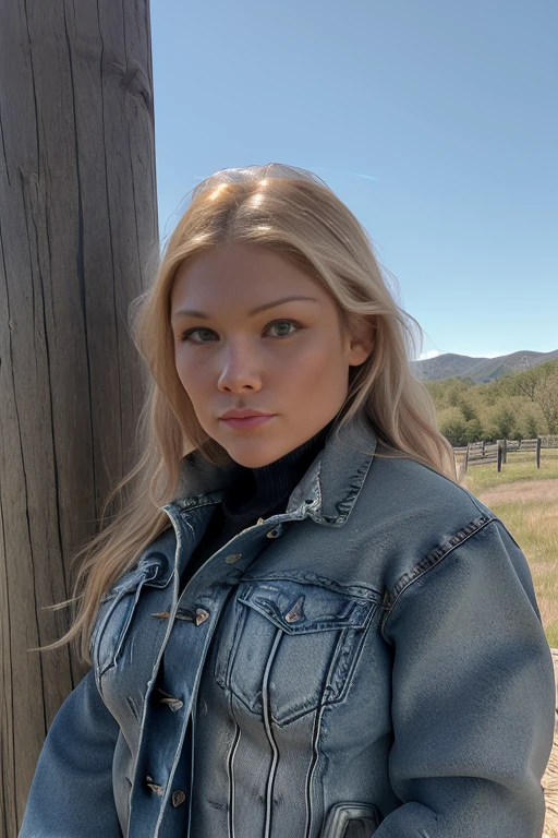 (RAW, analogue, Nikon Z 14mm ultra-wide angle lens, award-winning glamour photograph, ((best quality)), ((masterpiece)), ((realistic)), skin pores, subsurface scattering, radiant light rays, high-res, detailed facial features, high detail, sharp focus, smooth, aesthetic, extremely detailed, (extremely detailed eyes, extremely detailed iris), extremely detailed hair, extremely detailed skin, extremely detailed clothes, octane render, photorealistic, realistic, post-processing, max detail, realistic shadows, roughness, natural skin texture, real life, ultra-realistic, photorealism, photography, 8k UHD, photography, hdr, intricate, elegant, highly detailed, sharp focus, stunning, beautiful, gorgeous), (photorealistic), (realistic), b3thph03nix, full body, blond hair, blue, eyes, (denim jacket:1.3), (black turtleneck sweater:1.1), jeans, lips, long hair, outdoors, on a ranch, leaning on a wooden post, looking at viewer, upper body, morning, bright, <lora:Beth_Phoenix_PMv1_Lora:1.3>,