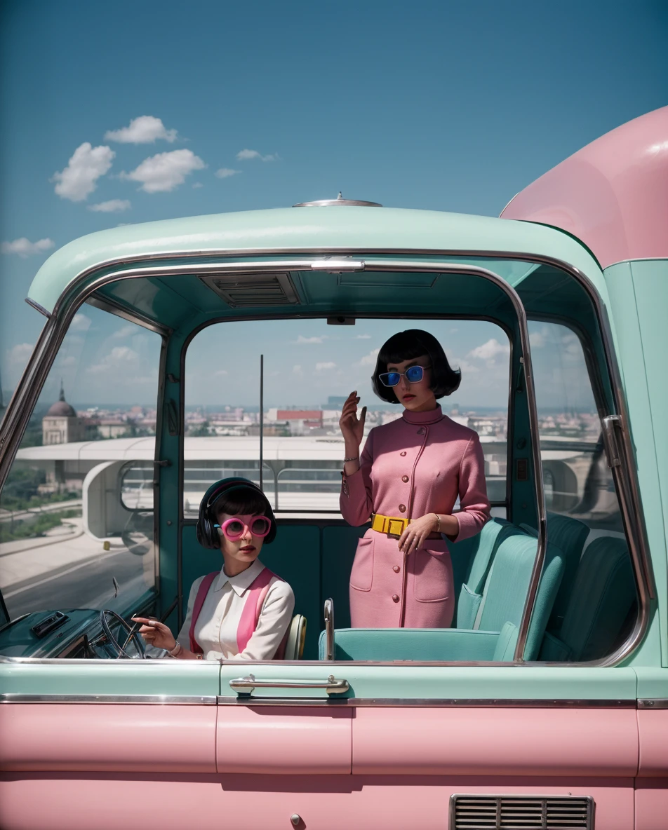 4k image from a 1960s science fiction film by Wes Anderson, Filme O Grande Hotel Budapeste, pastels colors, Young people wearing retro futuristic alien glasses and holding colorful suitcases and chests on the bus, Retro-futuristic fashion clothes from the 60s with old robots, Luz Natural, Psicodelia, futurista estranho, retro-futurista, photo-realistic, Sharp background details.